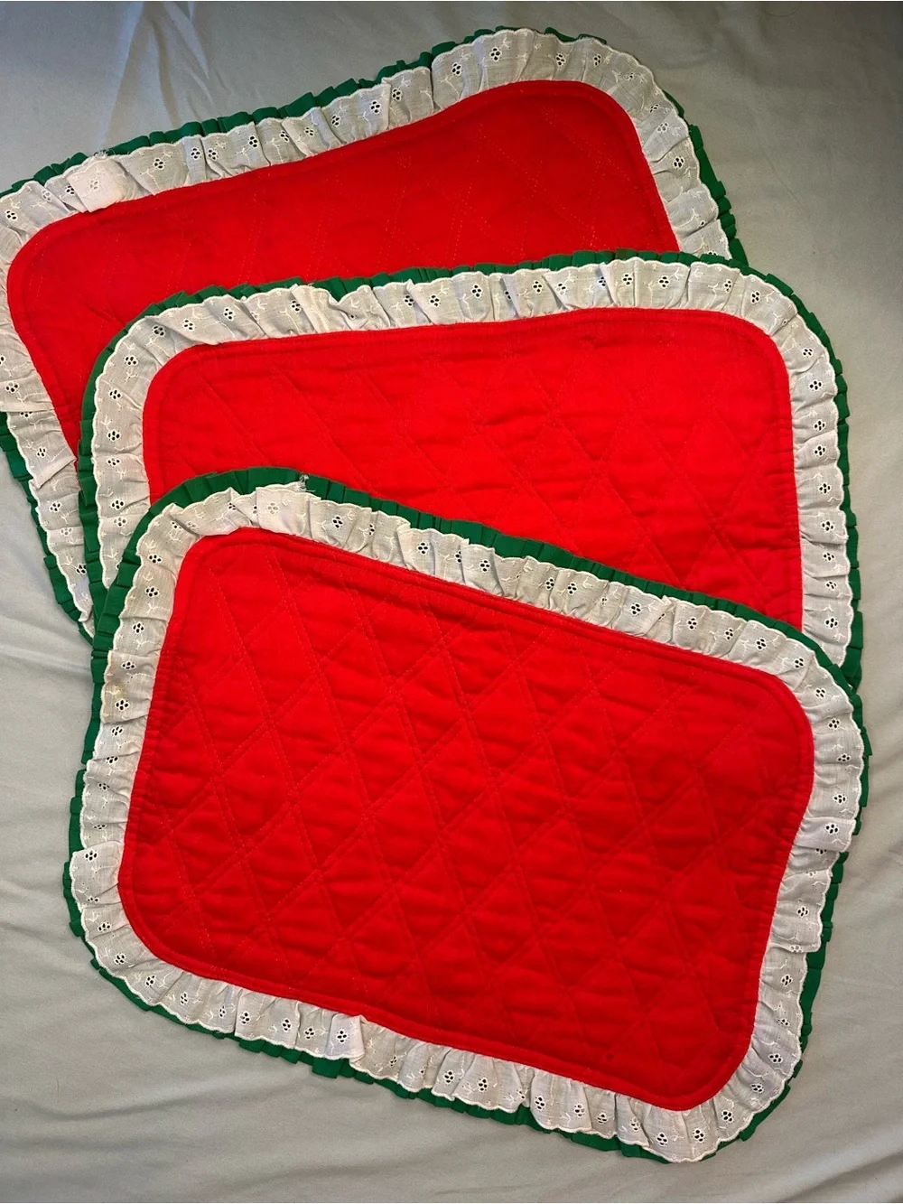 3 Handcrafted Vintage Quilted Red Placemat with White Eyelet Lace and Green Trim